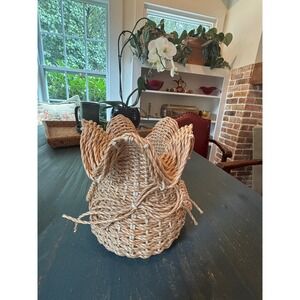 Vintage Woven Straw Ruffle Top Basket Bow Detail Boho Decor Made in Korea